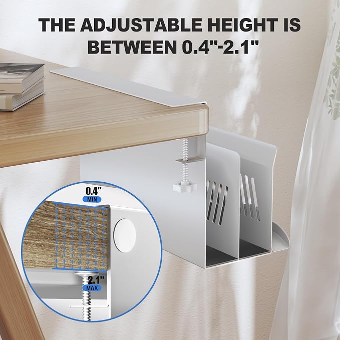 Litwaro Desk Side Storage Organizer, 2 Tier Under Desk Laptop Holder No Drill, Laptop Mount with Magnetic Pen Holder, Hanging Desk Organizer Fits Flat Edge Desks 0.4" to 2.1" (White)
