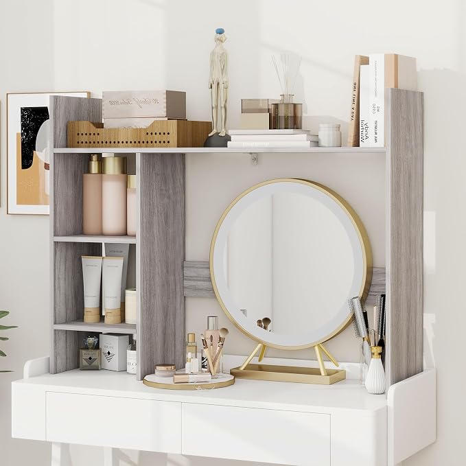 FTZxHKLX Desktop Bookshelf, Wooden Desk Hutch for Computer Monitor Up to 27'' with 3 Open Storage Shelves, Large 4-Tier Desk Organizer for Dorm Office Home, Wash Grey