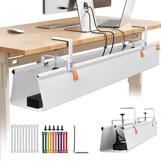 48" Under Desk Cable Management Tray, No Drill Desk Cable Management Wire Standing Desk Cord Organizer Clamp/Screw Mount, Cord Management Tray Fabric Desk Organizer for Home Office-White