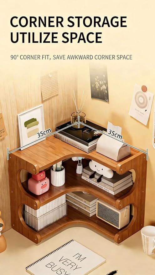 Corner Desktop Organizer Stable Durable, Solid Wood & Multi-Ply Board Corner Storage Shelf Space-Saving Empty Corner Decor with Rounded Edges for Home Office, Bedroom, Living Room and Kitchen