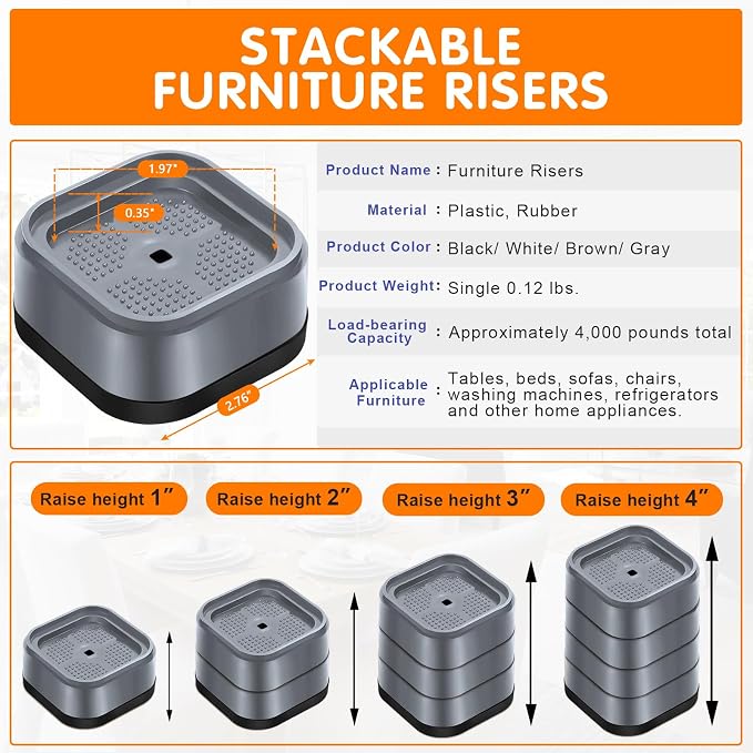 shouwuhho 16 Pack Furniture Risers Adjustable Bed Risers Heavy Duty Lifts Height 1", Square Stackable Bed Risers 1, 2 or 3 Inch for Desk Leg Table Couch Sofa Chair Bed Frame Legs Dorm, Gray