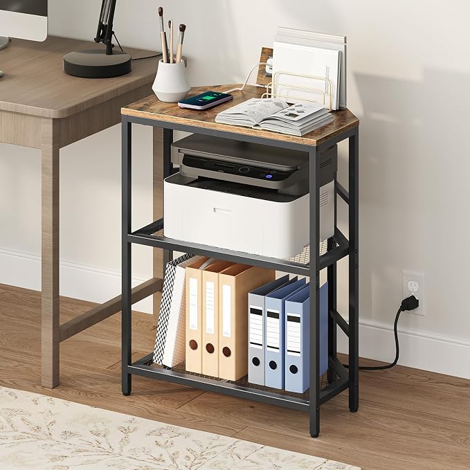 MAHANCRIS Corner Printer Stand with Charging Station, 3-Tier Large Printer Table with Adjustable Feet, Metal Frame Storage Shelf for Office, Living Room, Small Space, Rustic Brown PTHR14E01