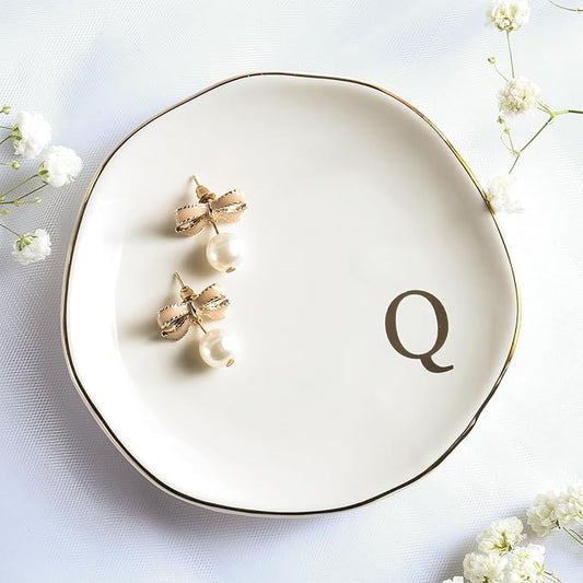 Ceramic Jewelry Tray Ring Dish Personalized Q-Monogrammed Engagement Wedding Gifts, for Birthday Mother's Day for Women, Ceramic White 4.75" (Q)