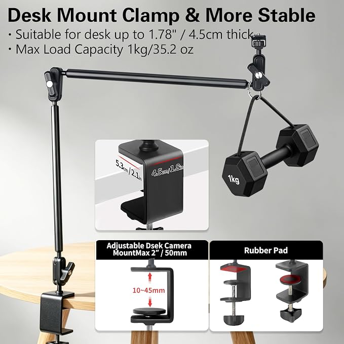 Desktop Clamp Magic Arm 33.84" Kit for Phone,DSRL Two-Stage Adjustable Flexible Arm, Overhead Camera Mount, Desk Phone Mount for Webcam, Action Camera, Mic,Video Light