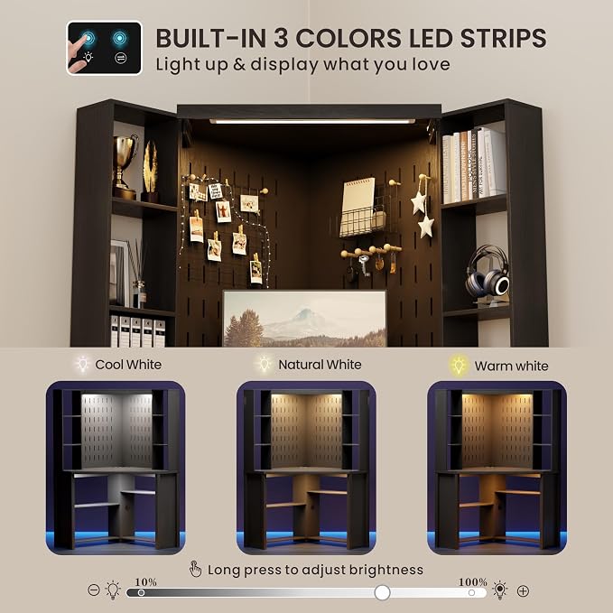 Corner Desk with Shelves-&LED Reading Light,Triangle Home Office Desk w/Charging Station for Work & Study,File Cabinet Storage Bookshelf for Small Space （Black）