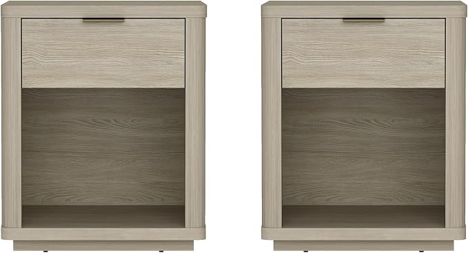 Manhattan Comfort Evelyn Nightstands Set of 2 with Full Extension Drawer and Open Shelf – Modern Bedroom Night Stand or Living Room Side Tables with Storage – Easy Assembly, Natural