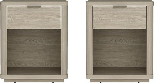 Manhattan Comfort Evelyn Nightstands Set of 2 with Full Extension Drawer and Open Shelf – Modern Bedroom Night Stand or Living Room Side Tables with Storage – Easy Assembly, Natural