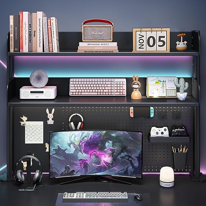 Clamp on Desk Shelf with Pegboard, Desktop Organization Bookshelf Storage Shelves for Home Office Dorm Gaming Desk, Space Saving Tabletop Display Rack