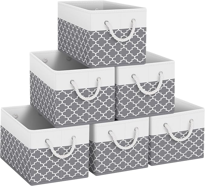 Fab totes Storage Bins 6-Pack, Foldable Storage Baskets for Organizing Toys, Books, Shelves, Closet, Large Storage Box with Rope Handles, Sturdy Organizer Bins,Clover Grey