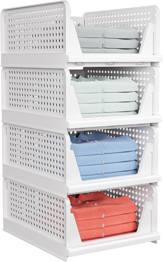 caktraie 4 Pack Stackable Closet Storage Basket - Stackable Storage Bins, Multifunctional & Foldable Closet Organizer Divided, Wardrobe Cupboard Space-Saving Clothes Storage Hat Organizer, White