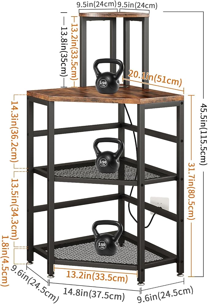 METYERRY 4-Tier Corner Printer Stand, Printer Table with Built-in Power Outlet and LED Lights, Multipurpose Corner Table with Grid Storage Shelf for Home and Office,Rustic Brown
