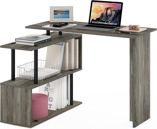 Furinno Moore L-Shape Computer Desk with 3-Tier Shelves, French Oak
