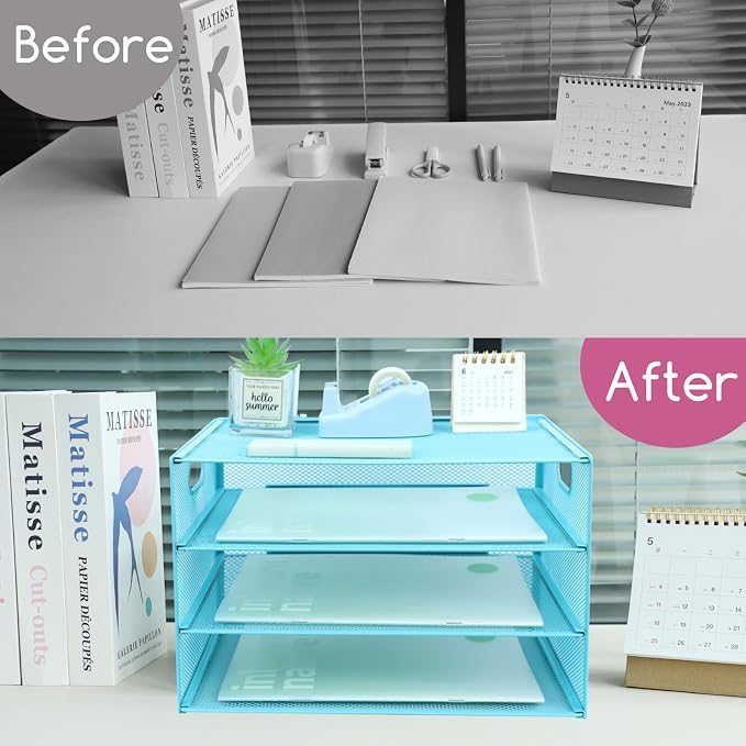 3 Tier Lettrer Tray Organizer, Metal Mesh Desk File Organizer with Sliding Trays, Paper Sorter Desk Organizer for Home Office School, Blue
