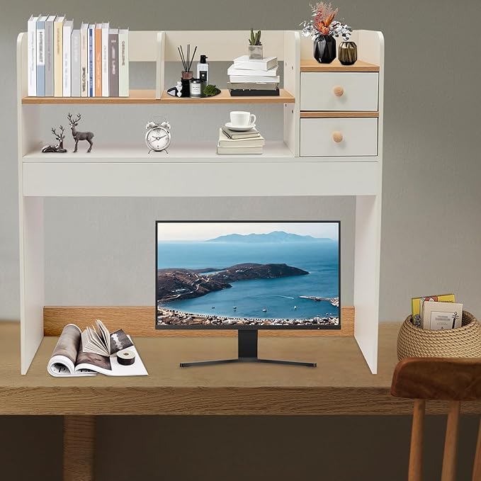 CNCEST Desktop Bookshelf Organizer, Office Shelves Storage Rack, Natural MDF Display Stand Shelf, Office Supplies Home Desk Decor (White)