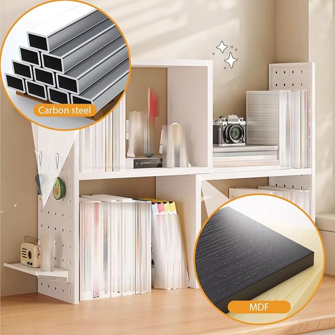 Corner Desktop Bookshelf, Multipurpose Desk Organizer Shelves with Pegboard, Countertop Display Rack for Home Office Dorm