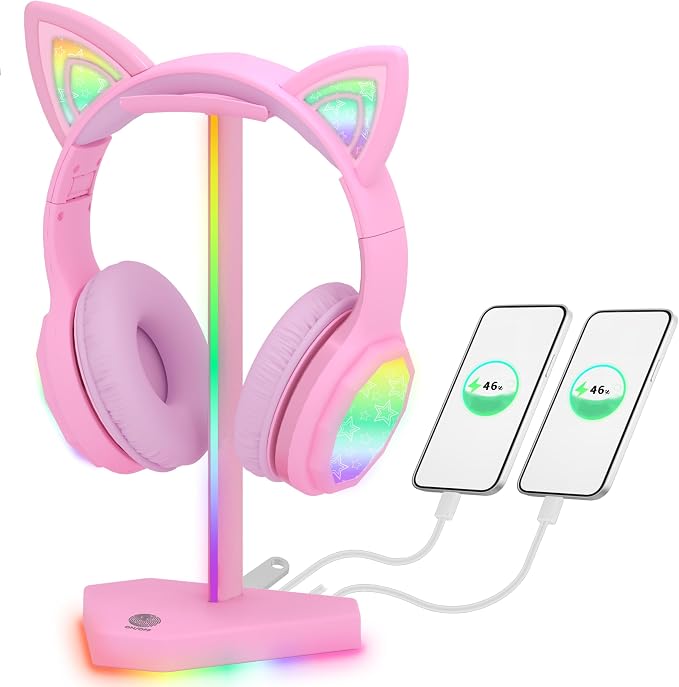 RGB Headphones Stand with 1 USB-C Data Transmission& 3 Type-C Charging Port, Desk Gaming Headset Holder with 7 Light Modes and Non-Slip Rubber Base (Pink)