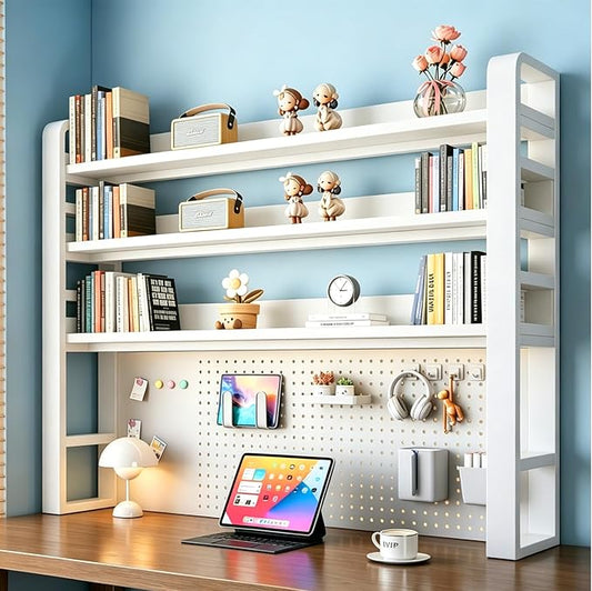Desk Shelf Organizer with Pegboard & Storage Parts, 45kg Heavy Duty Desk Hutch, Desktop Storage Rack for Office & Home Office Shelves White Shelf/Whiteboard (4-Tier) 61×10×48.5"