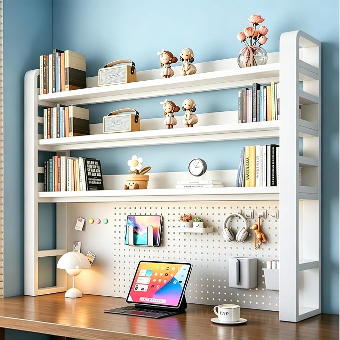 Desk Shelf Organizer with Pegboard & Storage Parts, 45kg Heavy Duty Desk Hutch, Desktop Storage Rack for Office & Home Office Shelves White Shelf/Whiteboard (4-Tier) 21.7×10×48.5"