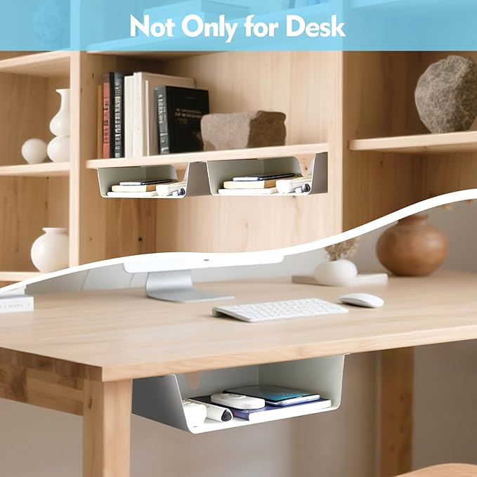 KHAMAL Under Desk Storage Shelf 2 Pack - Under Desk Drawer with Built in Cable Management for Home, Office, Gaming Setups, Kitchen (White)