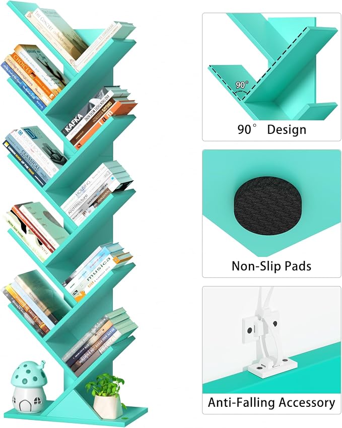 SHEEPAM 10 Tier Tree Book Shelf, Floor Standing Wood Bookshelf for Narrow Space, Storage Organizer Bookshelves for Books/CDs/Magazine, Bookcase with Shelves for Home Office, Living Room - Green