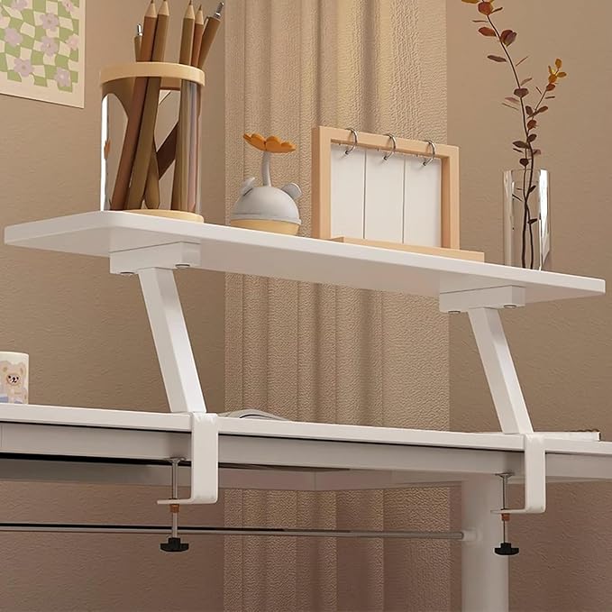 Clamp on Desk Shelf, 31.5x7.8in Desktop Extender Klemmbares Schreibtisch Organizer Regal Adjustable Floating Desks Shelf for Office, Dorm, Home Desk Organization, White