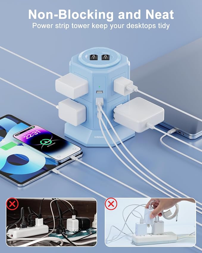 Surge Protector Power Strip Tower with 8 AC Outlets 4 USB Ports(2 Type C), 6.5 FT Ultra Flat Extension Cord with Multiple Outlets, Charging Station with Surge Protection for Family, Office, Dorm