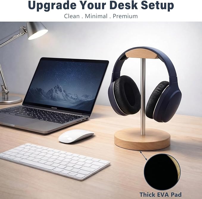 Wood & Metal Headphone Stand, Desktop Headset Holder with Stable Non-Slip Bamboo Base, Universal Headphone Hanger for Gaming Headsets, Office Desk, Home, Gift