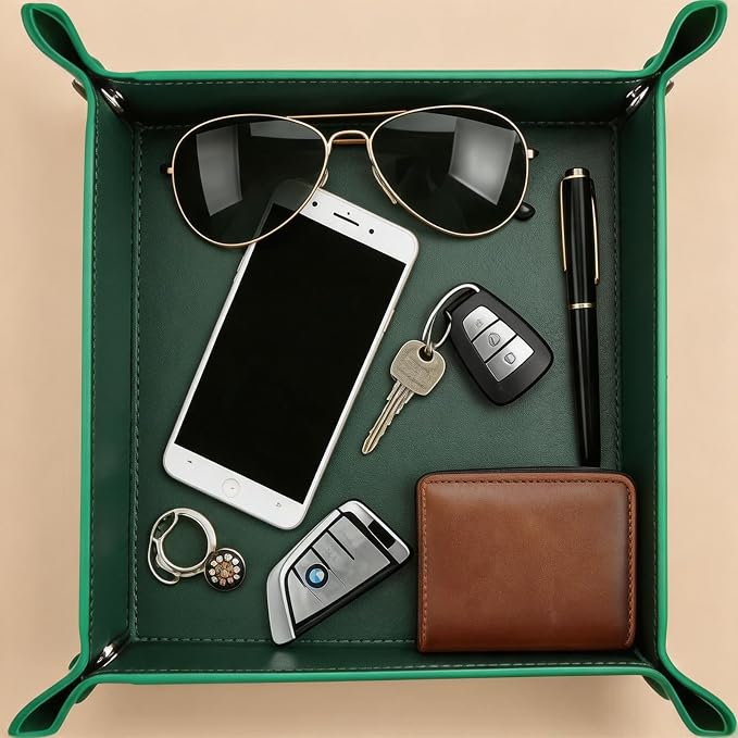 Valet Tray Desktop Storage Organizer – Vegan Leather Catchall Tray Bedside Vanity Tray Nightstand Caddy Holder for Remote Controller, Watch, Keys, Phone, Wallet, Coin, Jewelry, Midnight Green