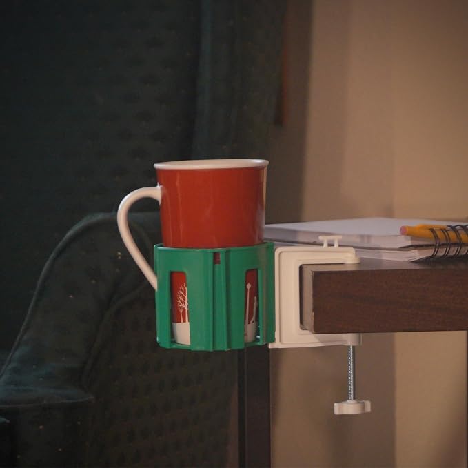 Original Large Desk Cup Holder Clamp Green | Anti-Spill Mount, Multi-Directional Drink Holder, Headphone Hanger, For Table, Desks, Office & Gaming Setup