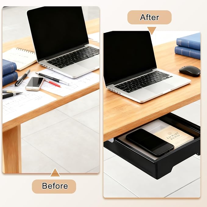 Under Desk Drawer Organizer, Self Adhesive Hidden Drawer Storage, Slide Out Desk Organizer, Space Saving Pencil & Accessories Organizer, Under Table Storage for Home Office & School, Black