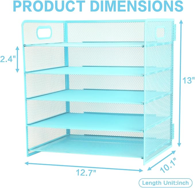 5 Tier Lettrer Tray Organizer with Handle, Metal Mesh Desk File Organizer with Sliding Trays, Paper Sorter Desk for Home Office School, Blue