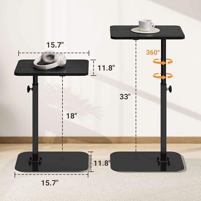 ELYKEN TV Tray Table, C-Shape Couch Desk, 360° Swivel Side Table Height Adjustable, Laptop Stand for Couch Recliner, Small Bedside Tables (Black)