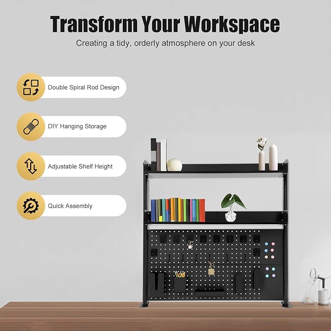 Clamp on Desk Organizer Shelf with Pegboard, Multipurpose Desktop Hutch Desk Bookshelf Desktop Bookcase Storage Rack Display Shelf for Home Office Dorm, Study Rooms, Bedrooms (Black)