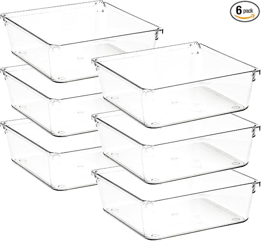 6 Pack Drawer Organizer - 6" X 6" Clear Acrylic Storage Bins with Non-Slip Pads, Versatile Desk Tray for Makeup, Jewelry, Kitchen, Bathroom, and Office Organization