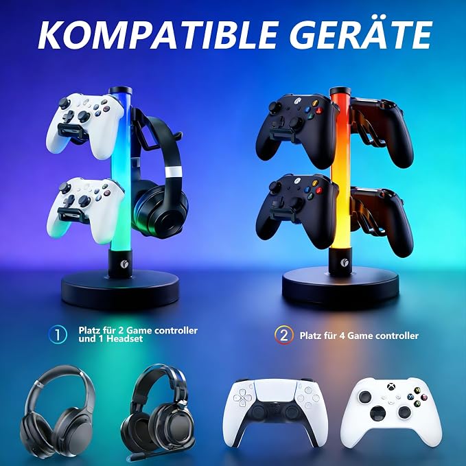VCOM Headphone Stand with 17 Light Modes, Gaming Controller Holder with Remote Control, PC Gaming Accessories for Desk, Universal Organizer Headpsets/Xbox/PS5 Headset Stand Gamer Gifts
