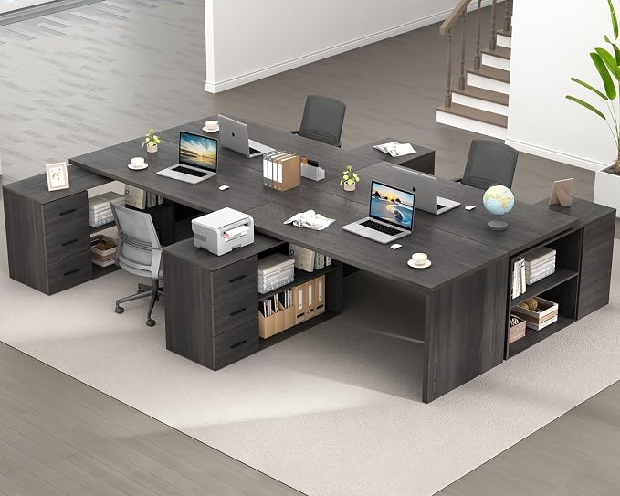 HSH L Shaped Computer Desk with Drawers, L Shaped Desk with Storage Cabinet Shelves, Large Reversible Corner Executive Home Office Desk, Industrial Wood Work Writing Study Table Workstation,Gray 60 In