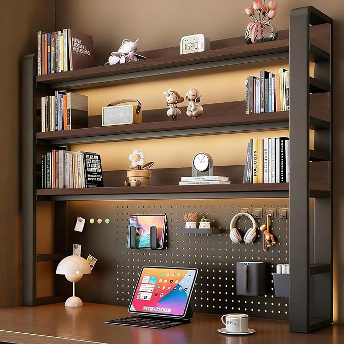 Desk Shelf Organizer with Pegboard & Storage Parts, 45kg Heavy Duty Desk Hutch, Desktop Storage Rack for Office & Home Office Shelves Black Shelf/Walnut Board (4-Tier) 29.5×10×48.5"