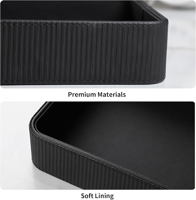 PU Leather Valet Tray Organizer, Modern Nightstand Organizer Bedside Desktop Storage for Womens and Men, Decorative Perfume Trinket Catchall Vanity Tray for Key Watch Wallet (Black)