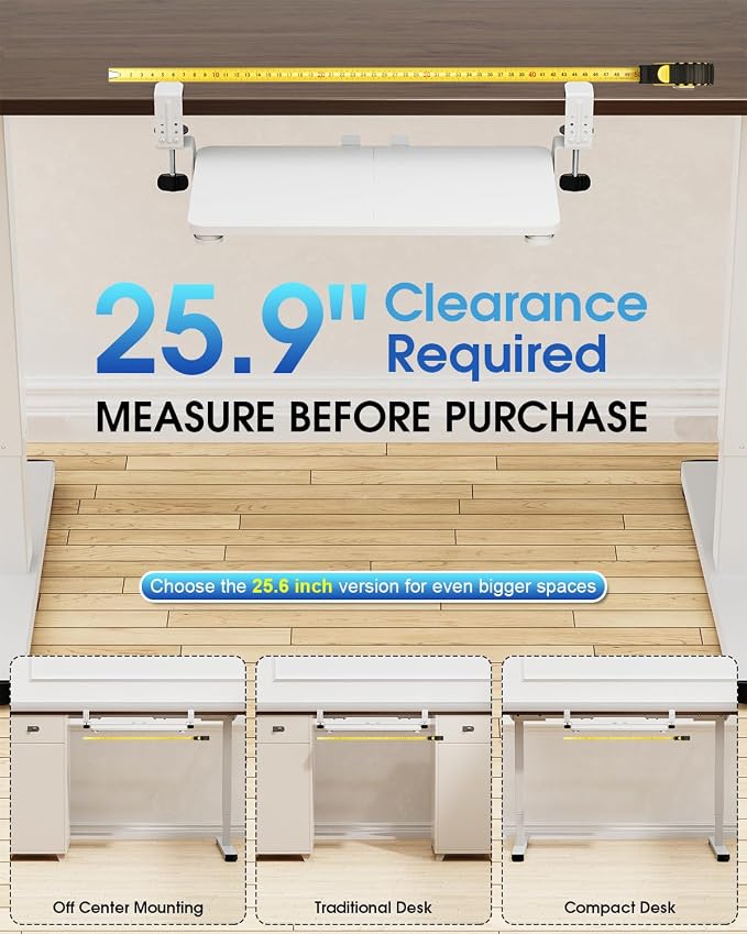 Small Keyboard Tray Under Desk, Pull Out Keyboard & Mouse Tray with Adjustable C-clamp, 20(25.9 Including Clamps) x 11.8 Inch Slide Out Computer Keyboard Drawer Mouse Tray for Typing, White