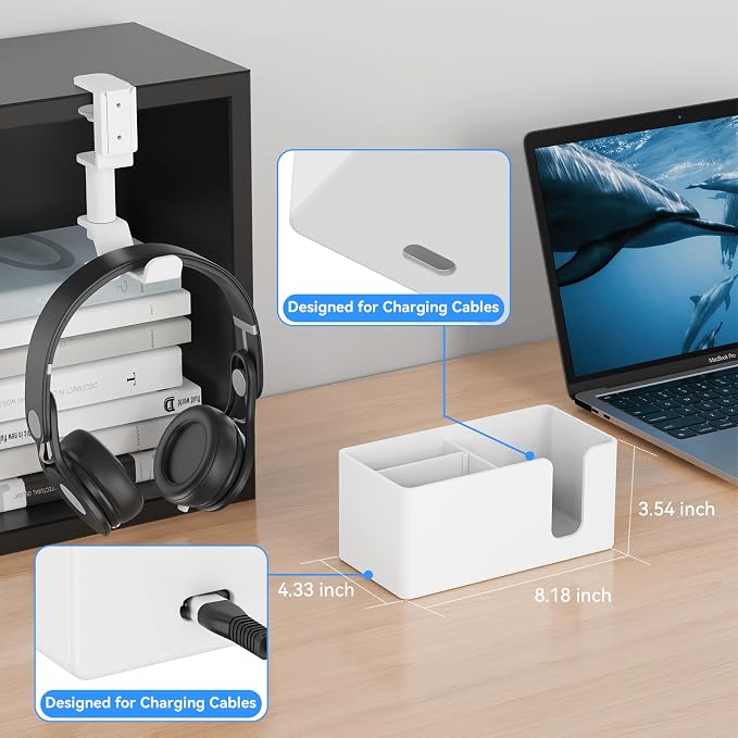 Desk Cup Holder Clamp with Headphone Hanger and Storage Tray | Clamp on design, rotating headphone hanger, detachable storage tray, cable holes, fits 5-50mm desks