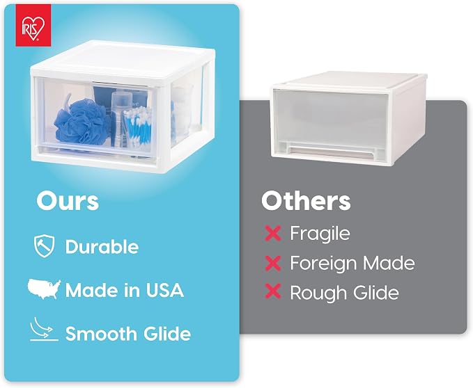 IRIS USA 6 Qt. Plastic Drawer Storage Organizer Stacking Drawers, 2-Pack, Stackable Unit with Sliding Drawer for Bedroom Kitchen Under Sink Pantry Craft Room Bathroom Dorm Office, White