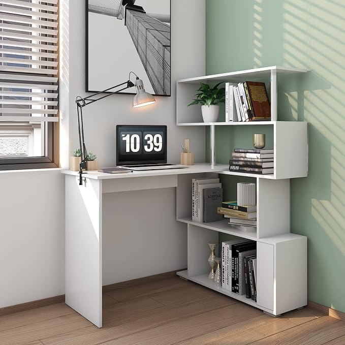 Mondeer 41.7" L Shaped Desk with 4-Tier Storage Shelves, Computer Corner Desk for Study Home Office Living Room (White)