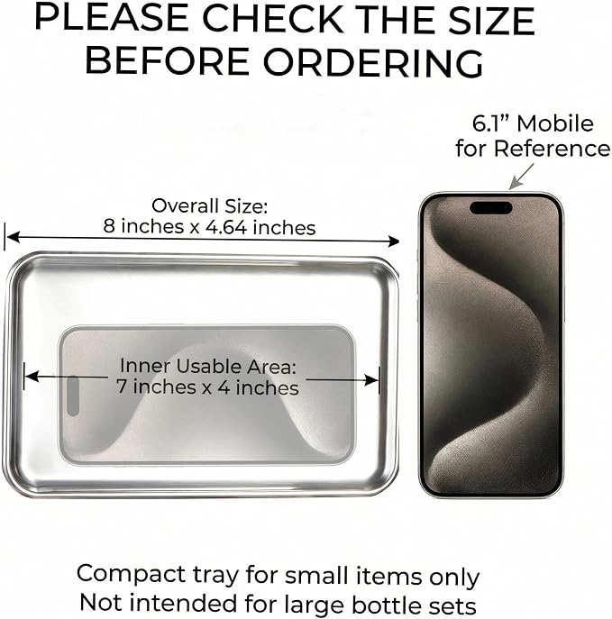 IMEEA 2 Pack Small Stainless Steel Organizer Tray 8" x 4.6" Vanity Tray for Bathroom Kitchen Countertop Multi-Purpose Catch-All for Soap, Jewelry, Perfume, Keys, Accessories
