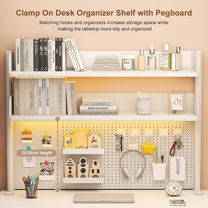 Clamp on Desk Shelf with Pegboard, Desktop Organization Bookshelf Storage Shelves for Home Office Dorm Gaming Desk, Space Saving Tabletop Display Rack