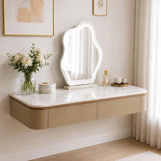 Floating Makeup Vanity Desk With Drawers Wall Mounted Makeup Table With Storage Fully Assembled Floating Vanity Desk Space Saving Modern Dressing Table For Bedroom Closet(Khaki Marble,39.3")