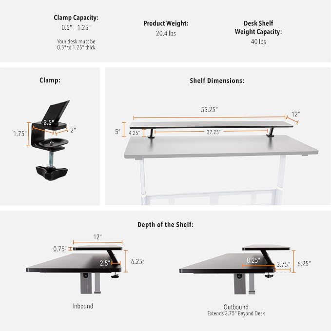 Stand Steady 55 Inch Clamp On Desk Shelf | Large Monitor Riser Supports 3 Screens for Extra Storage | Ergonomic Monitor Stand Securely Attaches to Surface with Clamp Base - No Screws (55 in/Black)