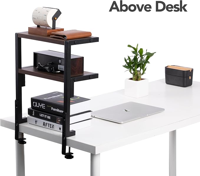 Clamp on Desk Shelf 2-Tier Shelving Unit Table Organizer Above or Under Desk, Storage Tray Desk Workspace Organizers Desktop Storage Table Extender for Office Home (12.6 * 7)