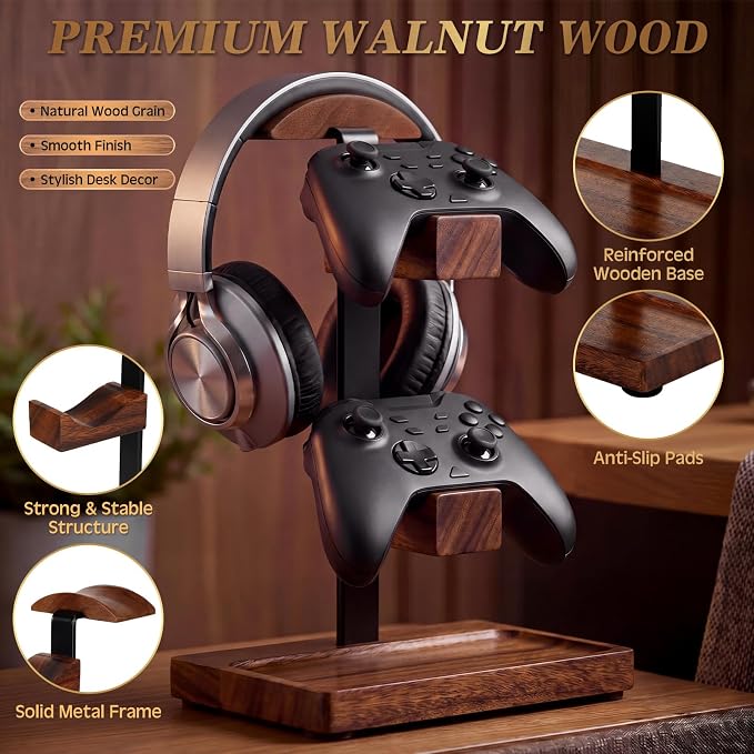Headphone Stand with Controller Holder, Gaming Headset Stand for Desk, Walnut Headphone Holder Desk Organizer Gaming Accessories Gift for Gamers(Deep Walnut)