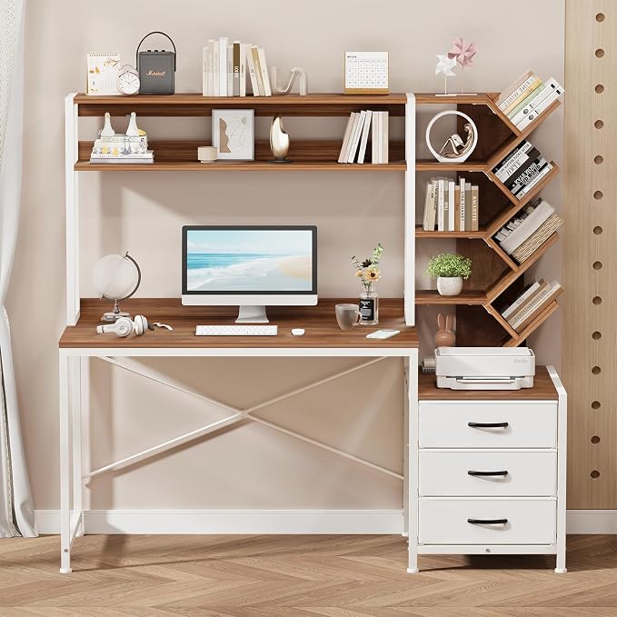 YOMILUVE Reversible Computer Desk with Hutch, Home Office Desk with Drawers and Bookshelf, 52'' Study Writing Desk with Storage Shelves for Bedroom Home Office, Brown and White