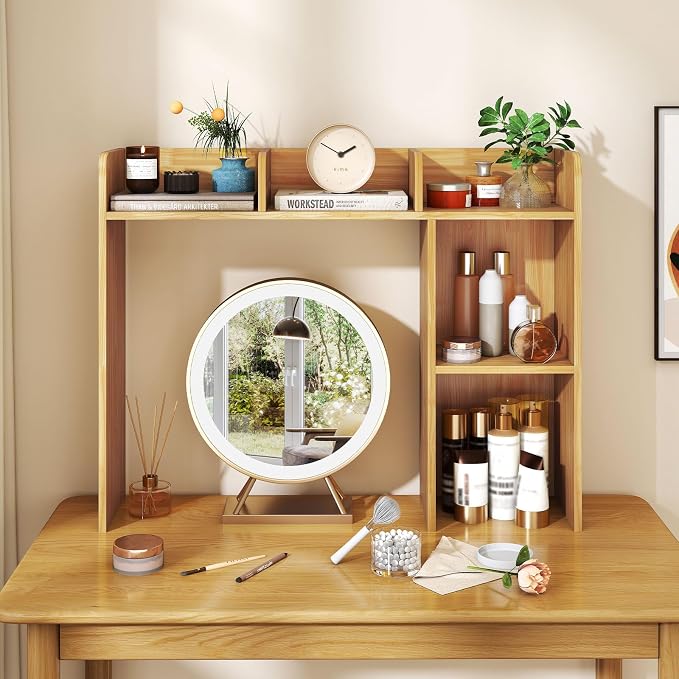 Desktop Bookshelf, 3-Tier Desk Organizer Shelves with 5 Display Rack, Countertop Storage Bookcase for Computer Desk, Desk Hutch Shelf for Top of Desk, Dorm, Home, Office (Oak)